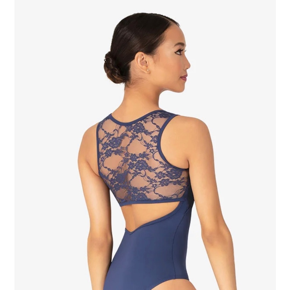 Navy Blue leotard with lace back and straps